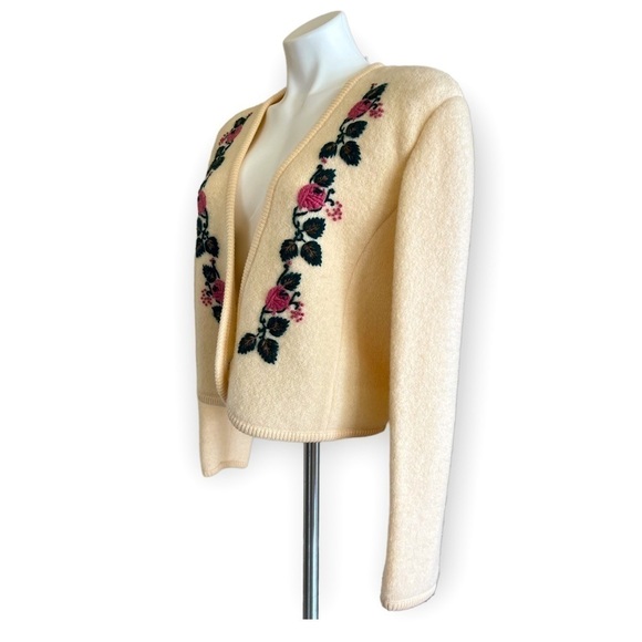 BRANDON Vintage Pure Virgin Wool Cropped Floral Embroidered Cardigan Size M - Picture 4 of 10